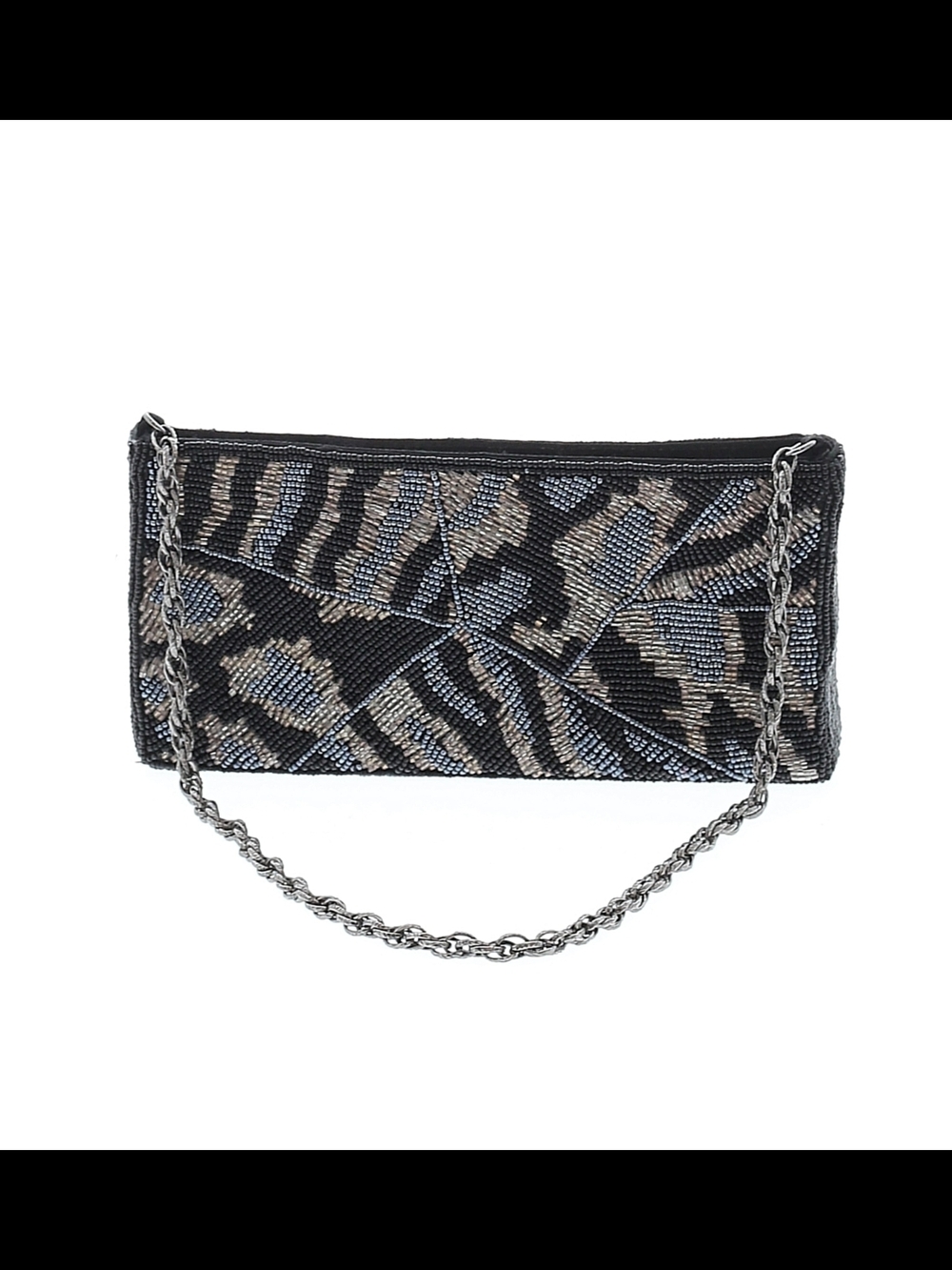 Cara Beaded Black and Silver Patterned Evening Clutch with Chain